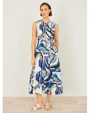 Yumi' Viscose Swirl Print Midi Dress - Blue