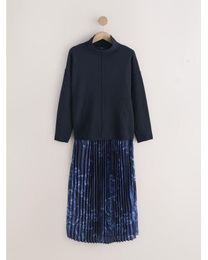 Next 2-In-1 Knitted Sweater With Pleated Midi Skirt - Blue