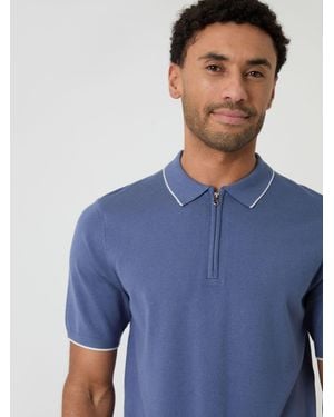 Threadbare Knitted Quarter Zip Polo Shirt With Contrast Tipping - Blue