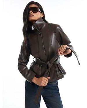 River Island Faux Leather Belted Funnel Neck Jacket - Gray