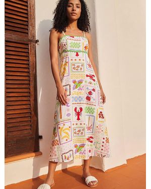 Roman Postcard Print Strappy Ric Rac Midi Dress - Brown