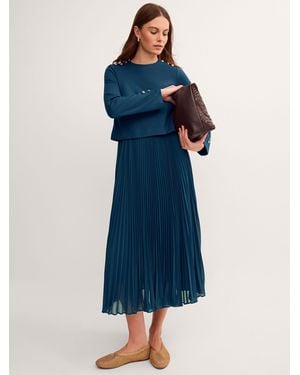 Monsoon Penny Long Sleeve Pleated Midi Dress - Blue
