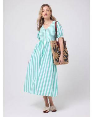 Scamp & Dude Stripe Shirred Zip Front Midi Dress - Blue