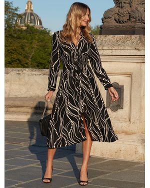 Sosandar Geometric Spot Shirred Waist Shirt Dress - Black