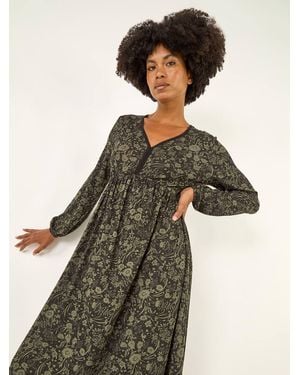 Roman Floral Print V-Neck Stretch Midi Dress - Green