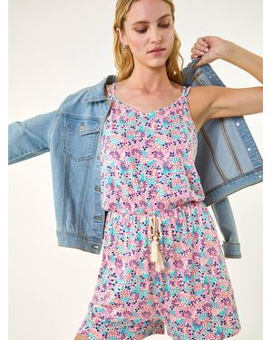Roman Confetti Print Tassel Tie Playsuit - Blue