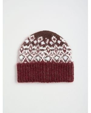 Love & Roses Burgundy Fairisle Embelished Brushed Beanie Hat - Red