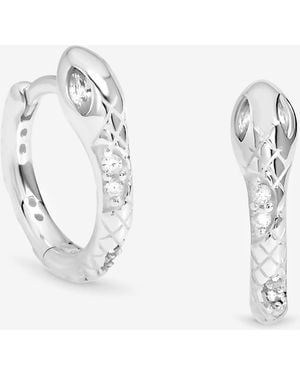 Simply Silver Polished Textured Snake Huggie Hoop Earrings - White