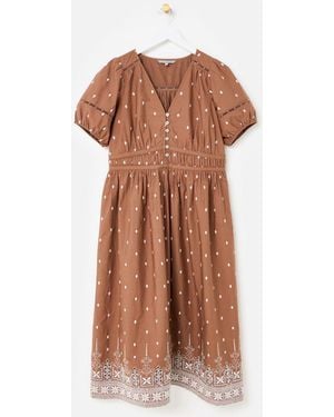Oliver Bonas Broderie Spots V-Neck Puff Sleeve Midi Dress - Brown