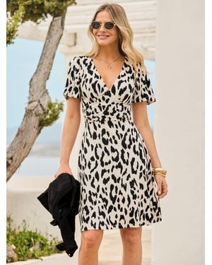 Sosandar Animal Print V-Neck Ruched Waist Fit & Flare Dress - Natural