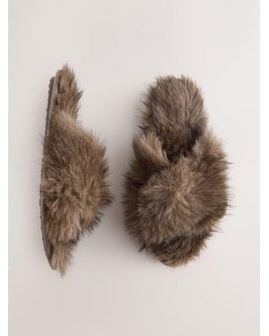 Next Chocolate Faux Fur Open Toe Mule Slippers - Natural