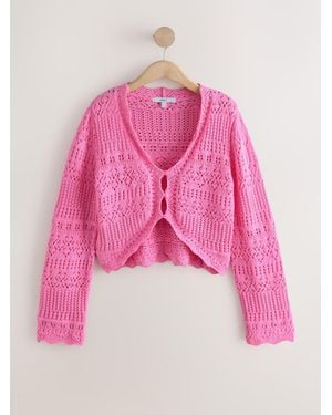 Next Fluro Cropped Wide Sleeve Pointelle 100% Cotton Cardigan - Pink