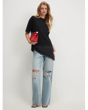 River Island Cotton Lace Hem Aysmmetric T-Shirt - Blue