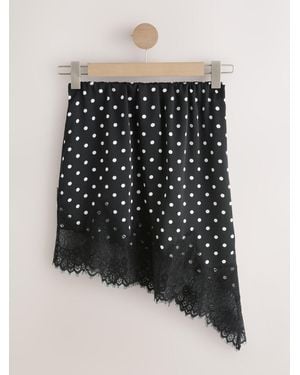 Next Asymetric Satin Mini Skirt With Lace Trim - Black