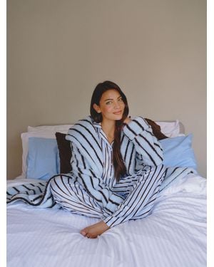 Loungeable Pinstripe Cozy Borg Fleece Midi Hooded Dressing Gown - Blue