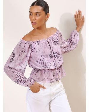 Lipsy Animal Print Bardot Puff Sleeve Blouse - Pink
