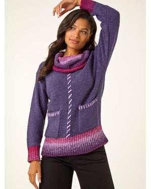 Roman Roll Neck Patch Pocket Knit Jumper - Purple