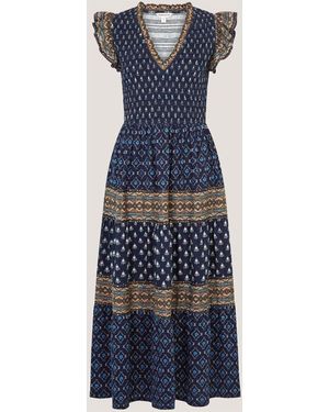 Monsoon Amaya V-Neck Decorative Print Frill Short Sleeve Cotton Jersey Midi Dress - Blue