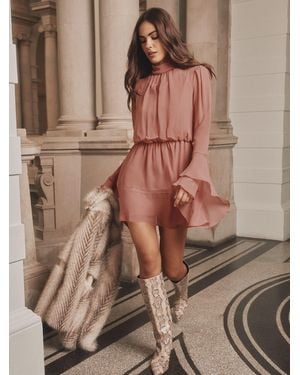 Lipsy Print Lace Insert And Studs Long Sleeve High Neck Waisted Mini Dress - Brown