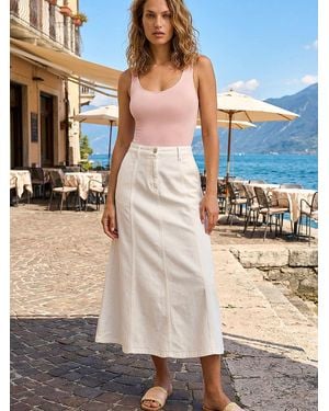 Roman Cotton Denim Paneled Midi Skirt - Blue