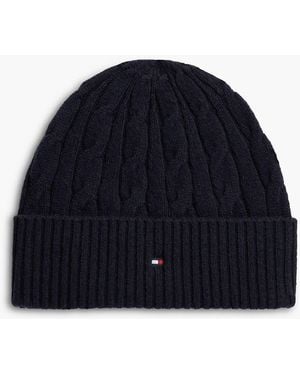 Tommy Hilfiger Lambswool Blend Cable Knit Flag Beanie - Blue