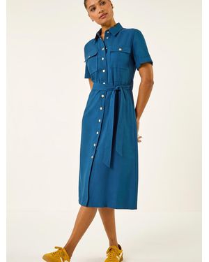 Roman Button Belted Collared Shirt Dress - Blue
