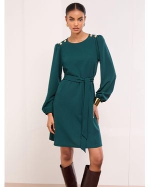 Lipsy Mini Military Button Long Sleeve Tie Shift Dress - Green