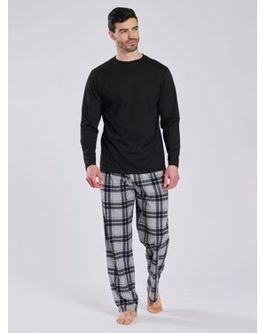 Loungeable Fleece Long Sleeve Top And Check Fleece Pajamas Set - Blue