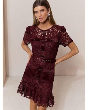 Lipsy Lace Diamante Button Belted Mini Shirt Dress - Red