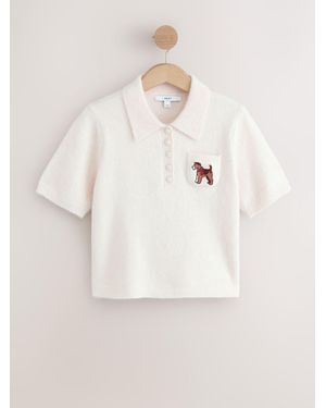 Next Ecru Embroidered Short Sleeve Knitted Polo Top With Wool - Natural
