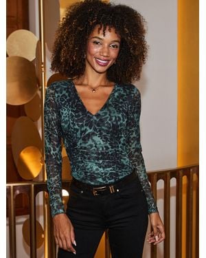 Sosandar Leopard Print Mesh Top - Green