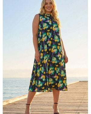 Roman Curve Highneck Floral Midi Dress - Green
