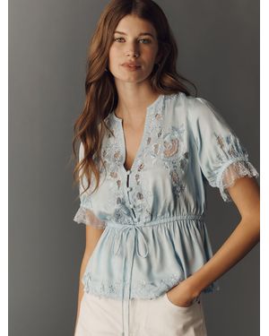 Anthropologie Embroidered V-Neck Peplum Blouse - Gray