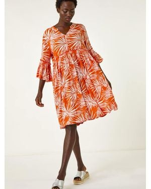 Roman Abstract Print Crinkle Smock Dress - Orange