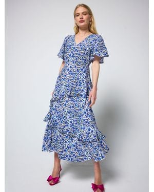 Scamp & Dude Floral Cheetah Print Ruffle Detail Midi Dress - Blue