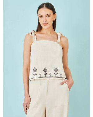 Yumi' Linen Mix Embroirdered Top - Natural