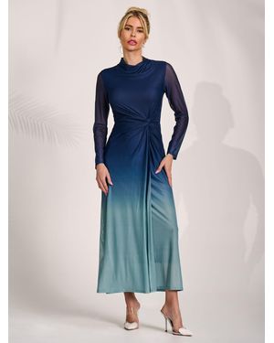 Jolie Moi Petite Long Sleeve Mesh Maxi Dress - Blue