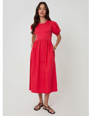 Threadbare Puff Sleeve Jersey Poplin Mix Maxi Dress - Red