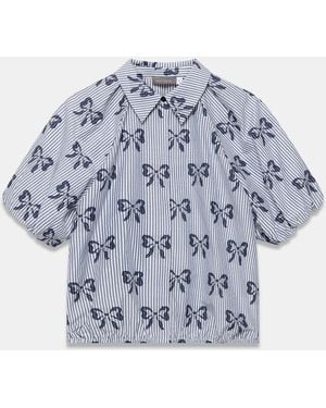 Mint Velvet Cotton Blend Striped Bow Shirt - Blue