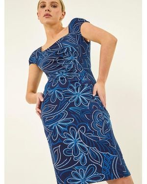 Roman Petite Leaf Print Gathered Stretch Dress - Blue
