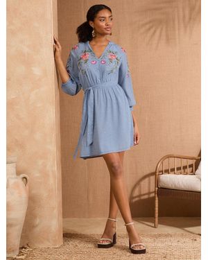 Love & Roses V & A I Embroidered Belted 3/4 Sleeve Mini Dress - Blue