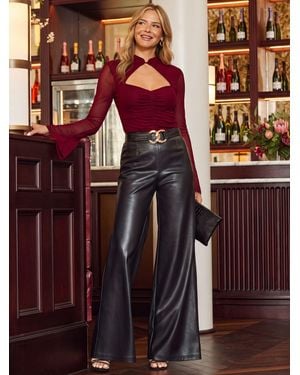 Sosandar Mesh Mandarin Collar Top - Red