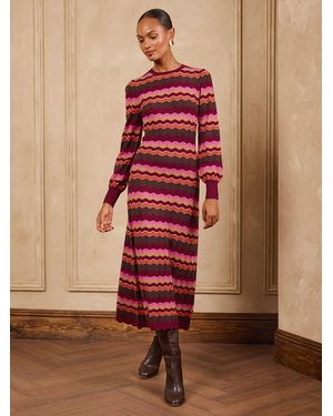 Love & Roses Burgundy Zig Zag Striped Sparkle Detail Knitted Crew Neck Midi Dress - Brown