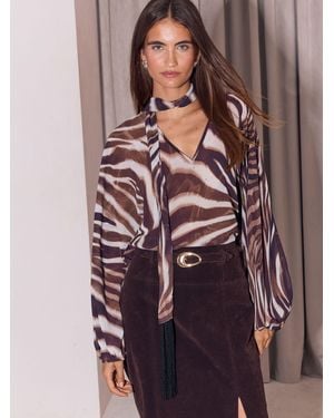 Lipsy Animal Print Detachable Fringe Scarf Woven Blouse - Brown