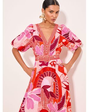 Lipsy Linen Look V-Neck Belted Puff Sleeve Midi Dress - Red