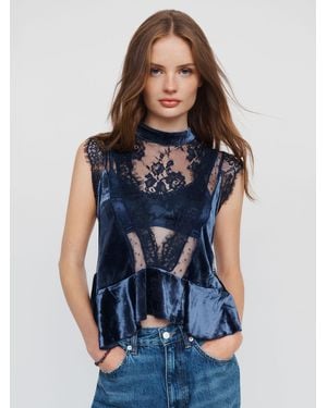 Anthropologie Harmony Velvet Lace Peplum Blouse - Blue