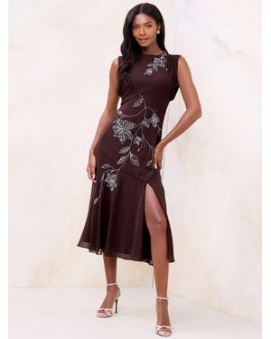 Lipsy Embellished Floral Fit And Flare Midi Dress - Brown
