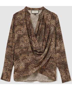 Reiss Laurie Matte Silk Printed Draped Shirt - Brown