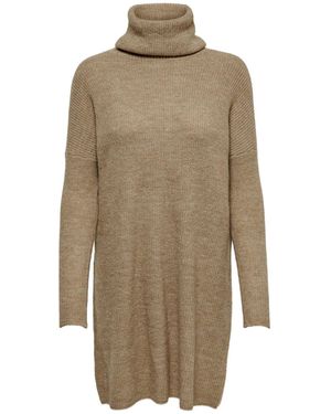ONLY Long Sleeve Knitted Cowl Neck Midi Dress - Natural