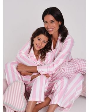 Loungeable Stripe Velour Long Sleeve Button Through Pajamas Set - Pink